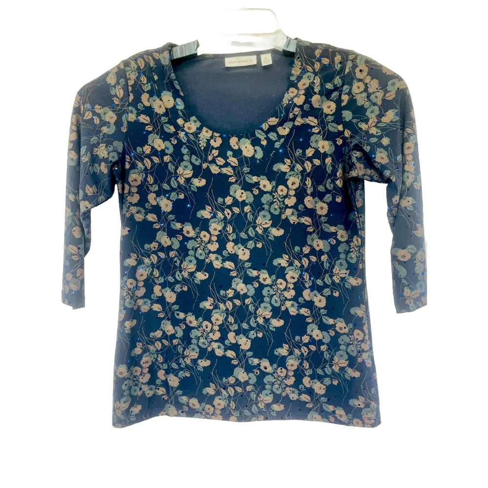 Susan Graver Womens X Small Black/Brown  Floral Pullover Top (J11) EUC